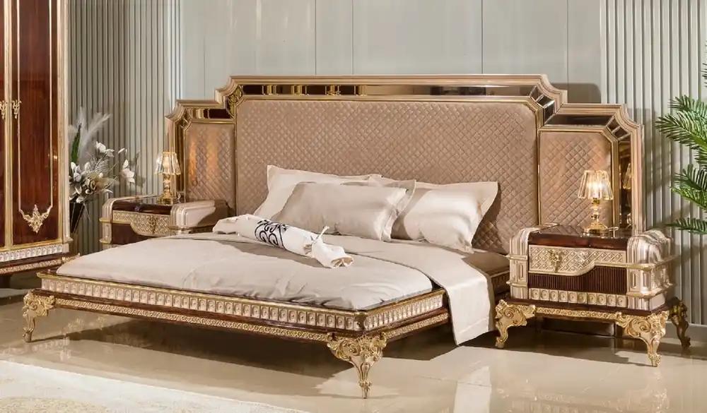 Markenware Casa Padrino letto matrimoniale barocco di lusso con 2 comodini grigio / marrone scuro / oro - Mobile barocco