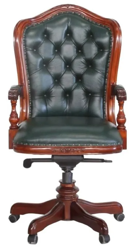 Neu Casa Padrino sedia da scrivania barocco di lusso Chesterfield in vera pelle verde scuro / marrone A. 123 cm - Mobili da ufficio barocchi