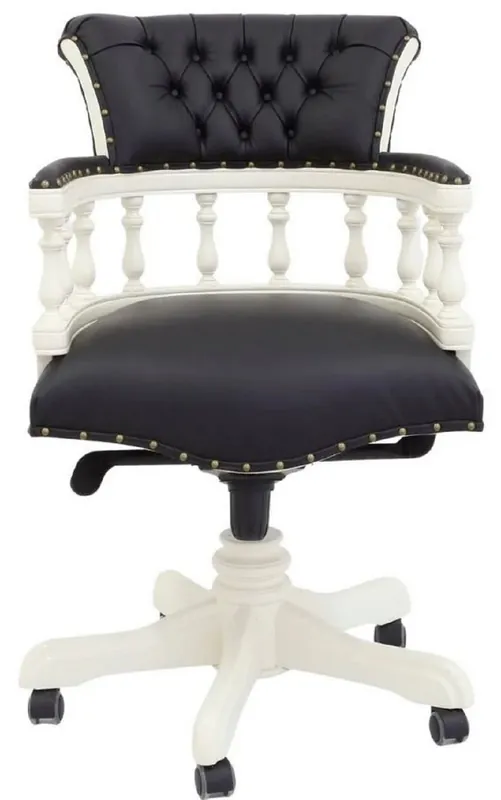 Must-Have Casa Padrino sedia da scrivania barocco di lusso Chesterfield in vera pelle nero / bianco A. 107 cm - Mobili da ufficio barocchi