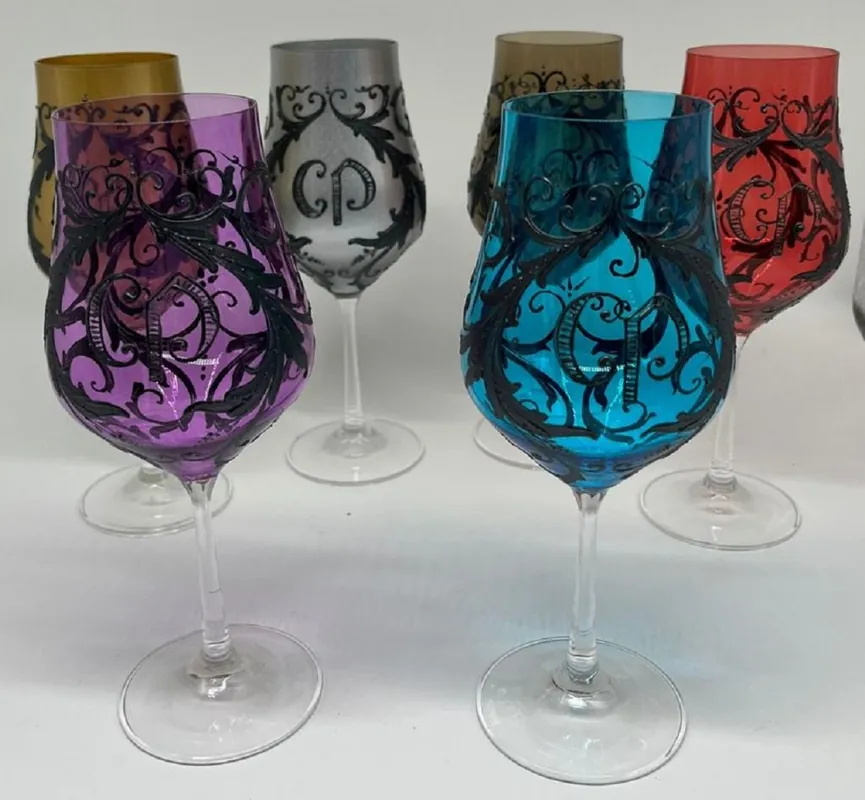 Casa Padrino set di bicchieri da vino barocco di lusso colorato / nero - Bicchieri da vino fatti a mano Neuheit