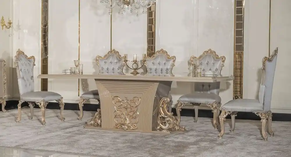 Solange Der Vorrat Reicht Casa Padrino set da pranzo barocco di lusso argento / grigio / oro - 1 Tavolo da pranzo barocco e 8 Sedie da pranzo barocche