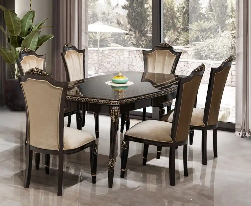 Neu Im Sortiment Casa Padrino set da sala da pranzo barocco di lusso marrone chiaro / marrone scuro / oro - 1 Tavolo da pranzo e 6 sedie da pranzo