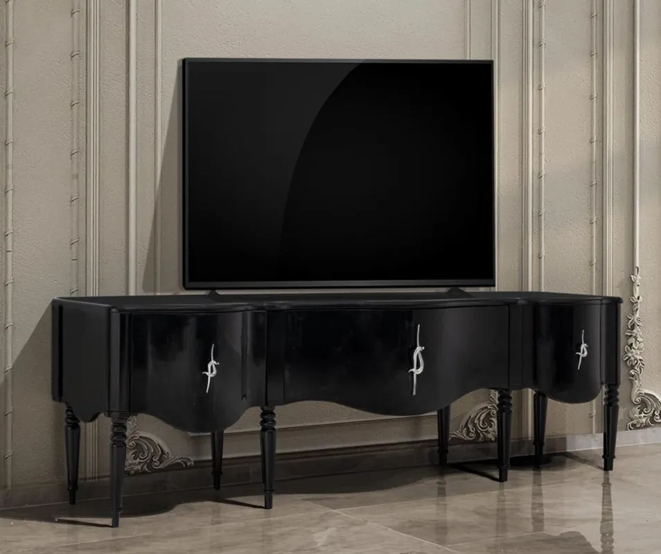 Neue Ware Casa Padrino armadio TV barocco di lusso nero / argento 230 cm - Mobile da soggiorno barocco