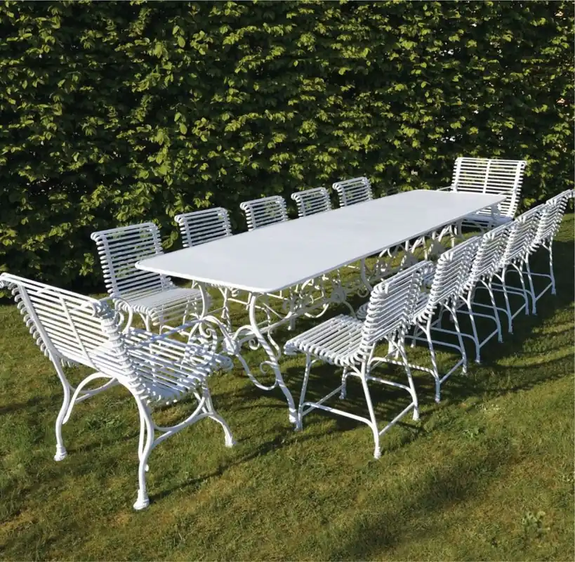 Echt Casa Padrino set di mobili da giardino in ferro battuto Art Nouveau bianco 300 x 100 cm - Tavolo da giardino e 10 sedie da giardino