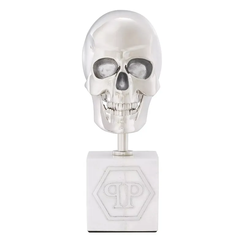 Sonderaktion Philipp Plein teschio decorativo di design di lusso platino / bianco H. 20 cm - scultura teschio realizzata con base in marmo