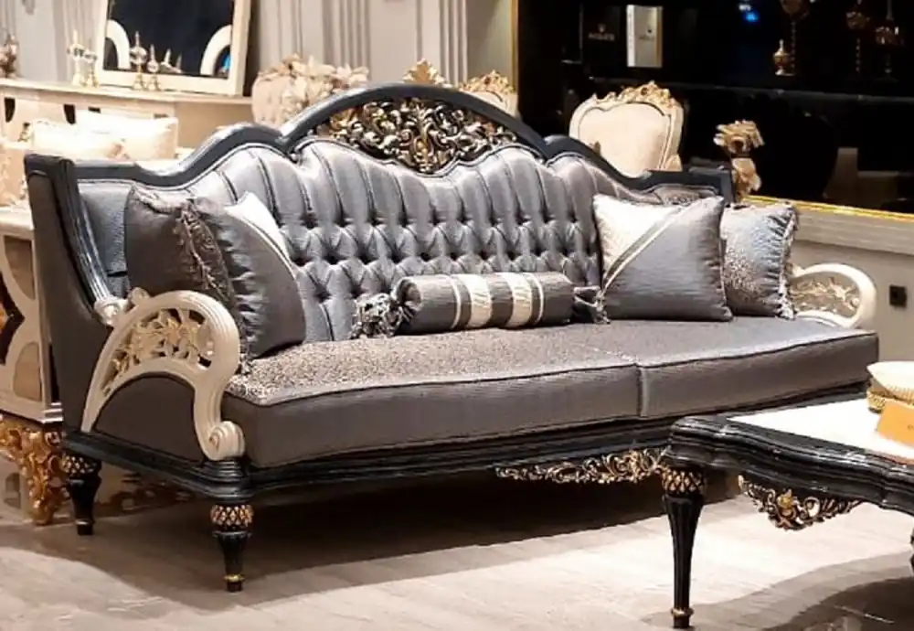 Casa Padrino divano da soggiorno barocco di lusso grigio / bianco / oro 226 cm - Mobile da soggiorno barocco Schnäppchen