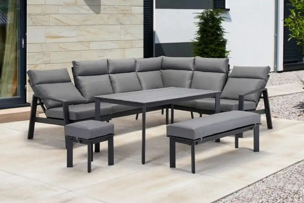 Casa Padrino set di mobili da giardino di lusso grigio - 1 Tavolo e 1 Divano ad Angolo e 1 Panca e 1 Sgabello Meistverkauft
