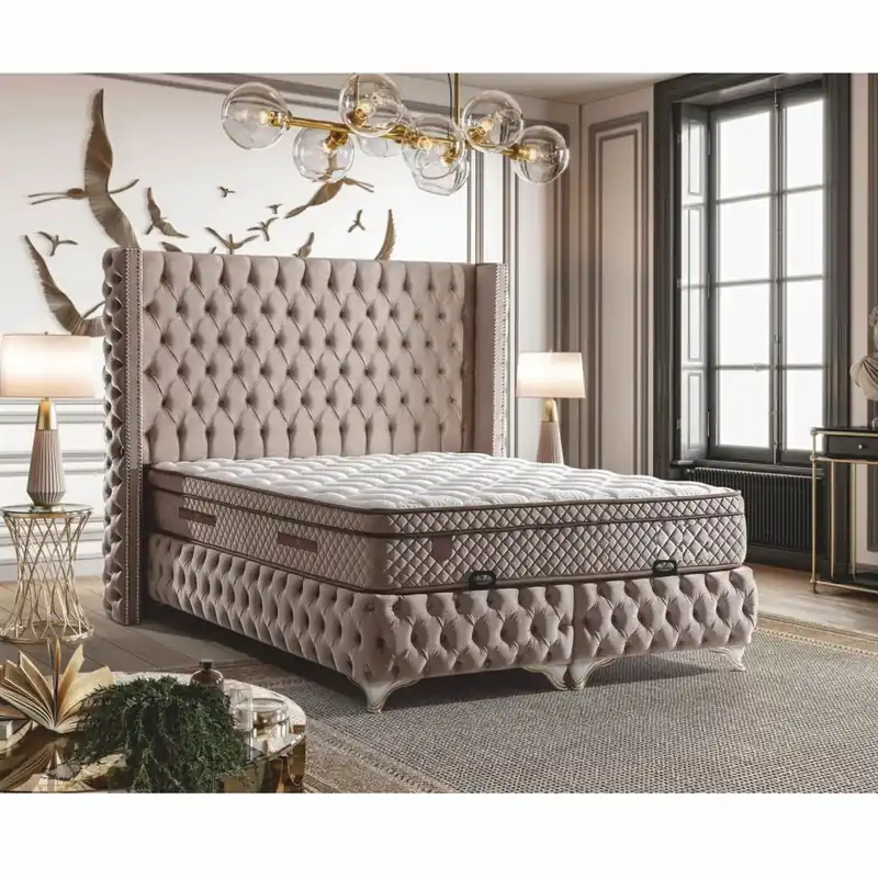 Casa Padrino Letto Matrimoniale Chesterfield di Lusso in Velluto con Materasso Greige / Bianco / Oro - Varie Dimensioni Meistverkauft