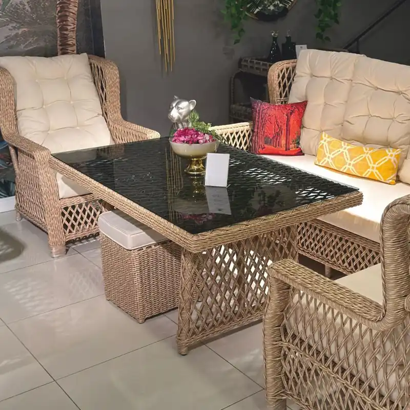 Casa Padrino tavolo da pranzo da giardino in rattan di lusso con piano in vetro naturale / grigio 200 cm Neuheit