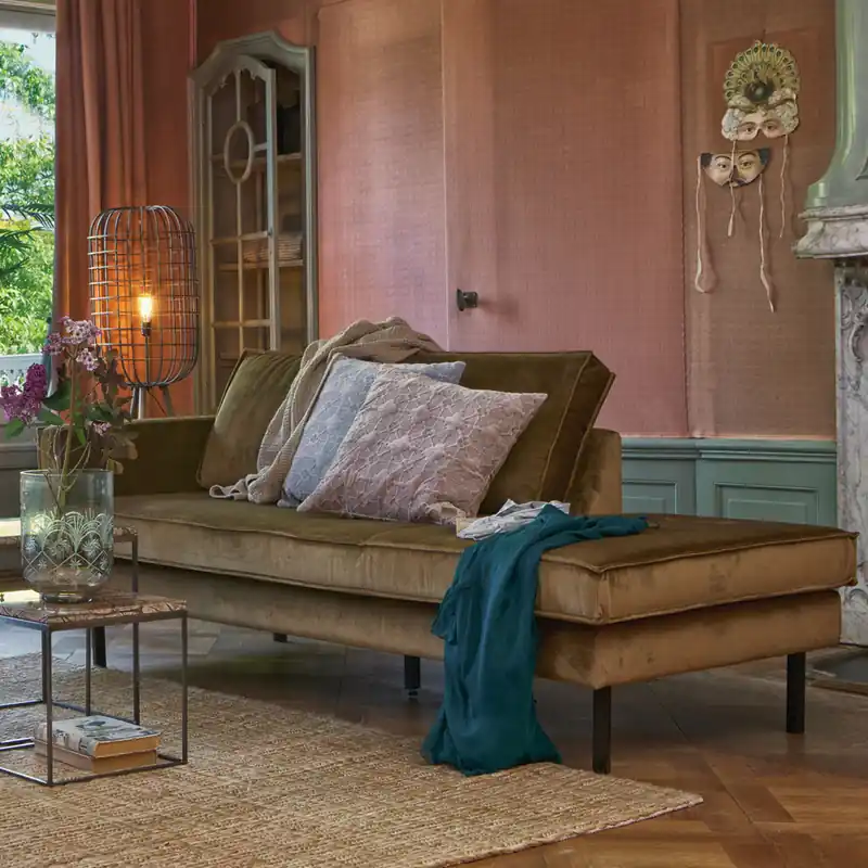 Sofa Chaiselongue RODEO Recamiere Samt honiggelb links Tagesbett Geprüft