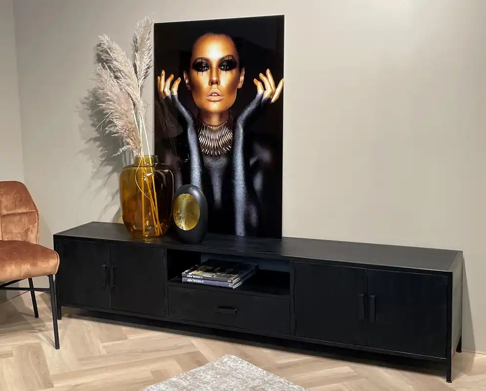 TV Möbel Kala B 220 cm Lowboard Mangoholz schwarz Sale